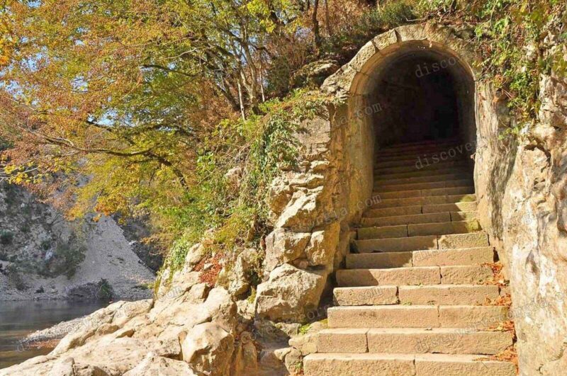 Secret stone stairs and tunnel leading to the Tekhuri river in Archaeopolis